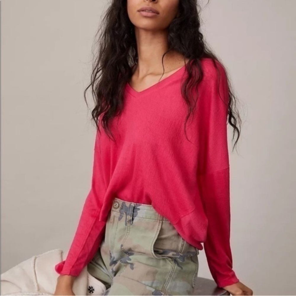 Anthropologie Dina Pink Textured Long Sleeve V-Neck Top Womens Small